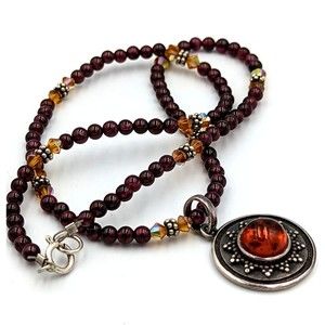 Honey Amber Sterling Silver Pendant On Garnet Beaded Necklace 925 Vintage